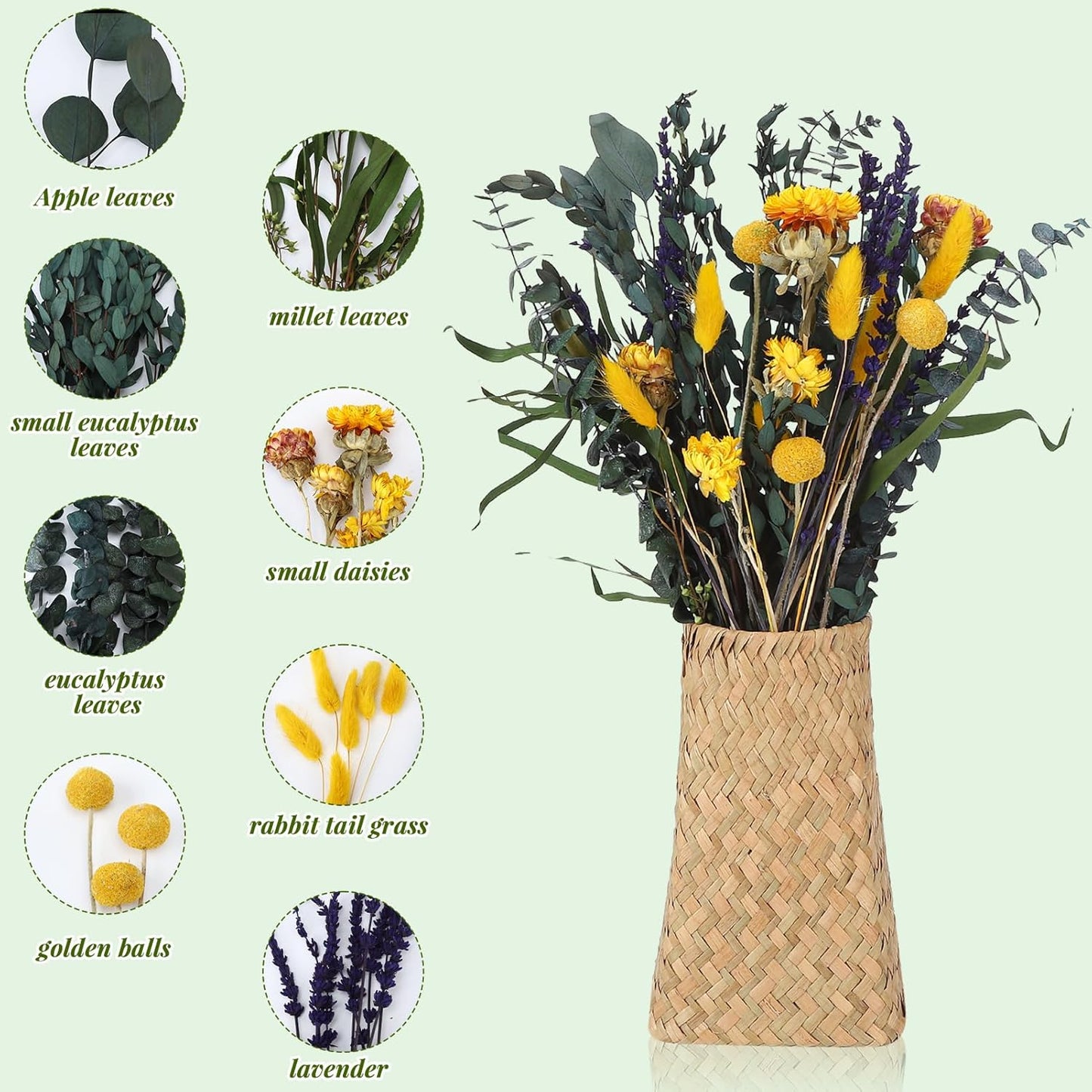 Mixed Dried Eucalyptus Stems with Lavender, Yellow Bunny Tails, Natural Preserved Botanicals for Home Decor Shower Bouquet Wedding