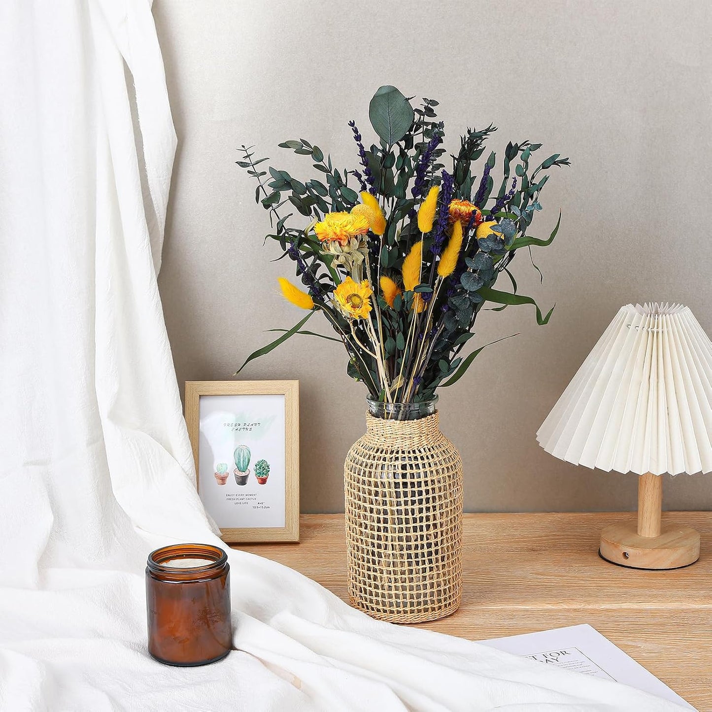 Mixed Dried Eucalyptus Stems with Lavender, Yellow Bunny Tails, Natural Preserved Botanicals for Home Decor Shower Bouquet Wedding