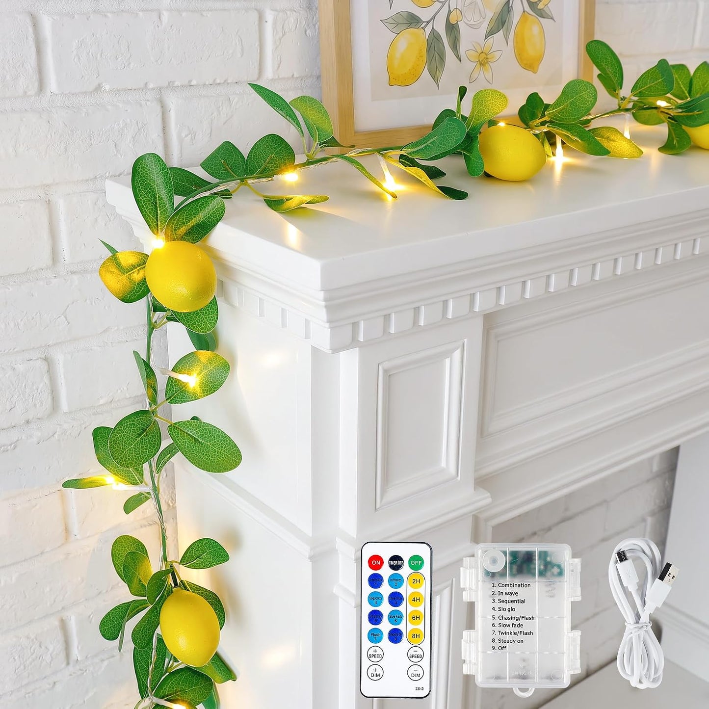 18 Led 6FT Lemon Garland Vine with Lights, USB & Battery Operated | Faux Lemon Vine with Remote, Timer, 8 Modes, 4 Brightness & Speed, Artificial Vine for Decoration, Mantel, Table,Summer Decor