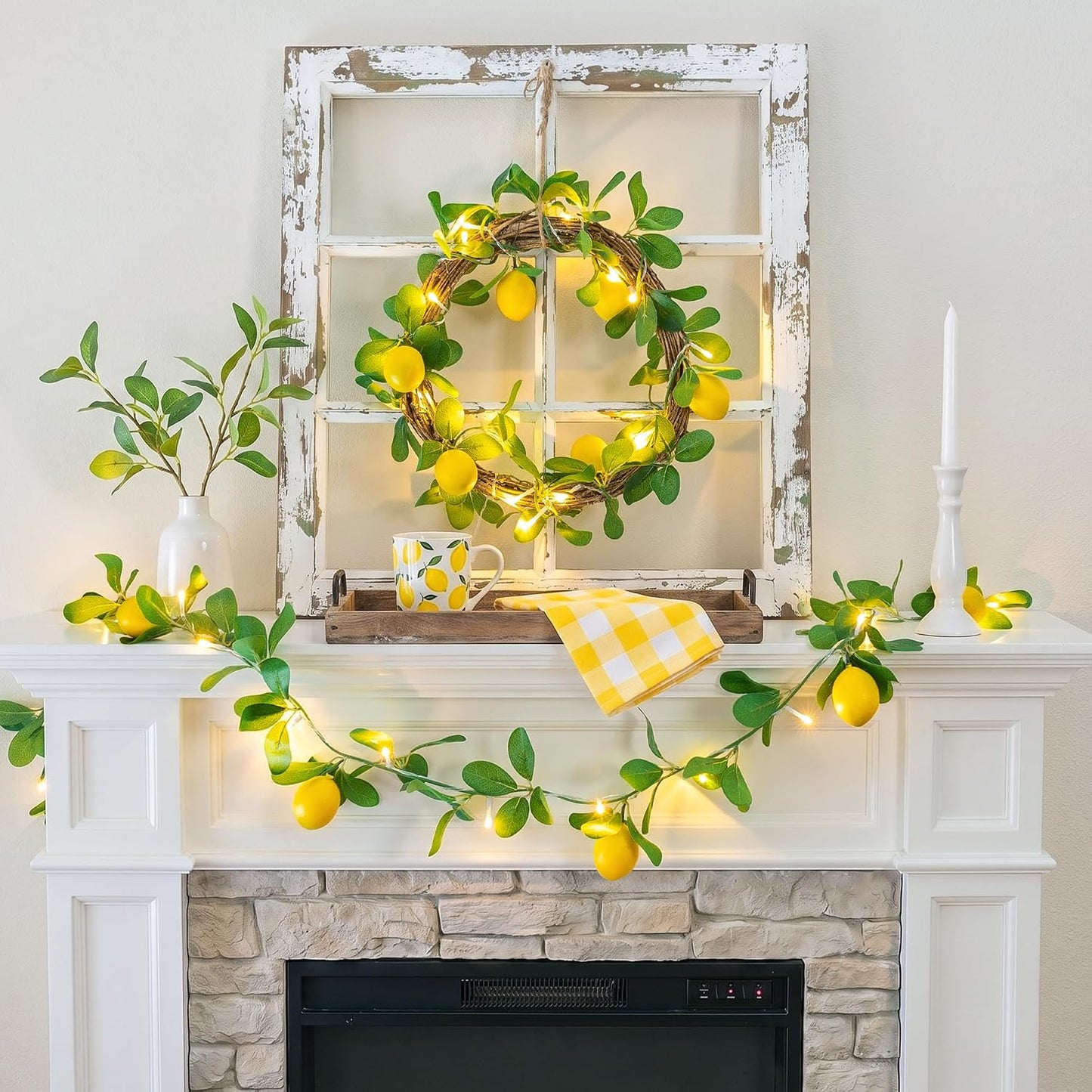 18 Led 6FT Lemon Garland Vine with Lights, USB & Battery Operated | Faux Lemon Vine with Remote, Timer, 8 Modes, 4 Brightness & Speed, Artificial Vine for Decoration, Mantel, Table,Summer Decor