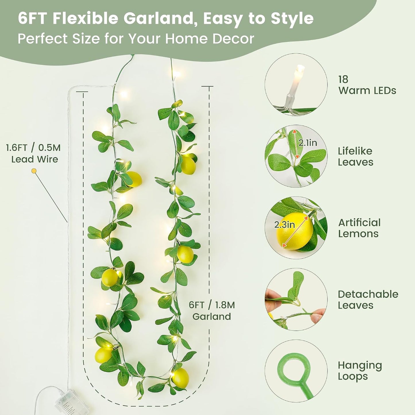 18 Led 6FT Lemon Garland Vine with Lights, USB & Battery Operated | Faux Lemon Vine with Remote, Timer, 8 Modes, 4 Brightness & Speed, Artificial Vine for Decoration, Mantel, Table,Summer Decor