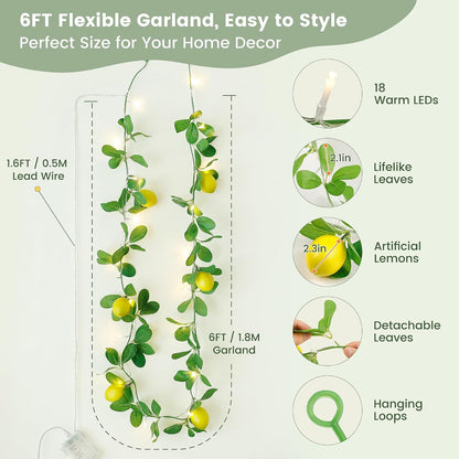 18 Led 6FT Lemon Garland Vine with Lights, USB & Battery Operated | Faux Lemon Vine with Remote, Timer, 8 Modes, 4 Brightness & Speed, Artificial Vine for Decoration, Mantel, Table,Summer Decor