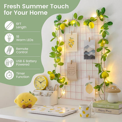 18 Led 6FT Lemon Garland Vine with Lights, USB & Battery Operated | Faux Lemon Vine with Remote, Timer, 8 Modes, 4 Brightness & Speed, Artificial Vine for Decoration, Mantel, Table,Summer Decor