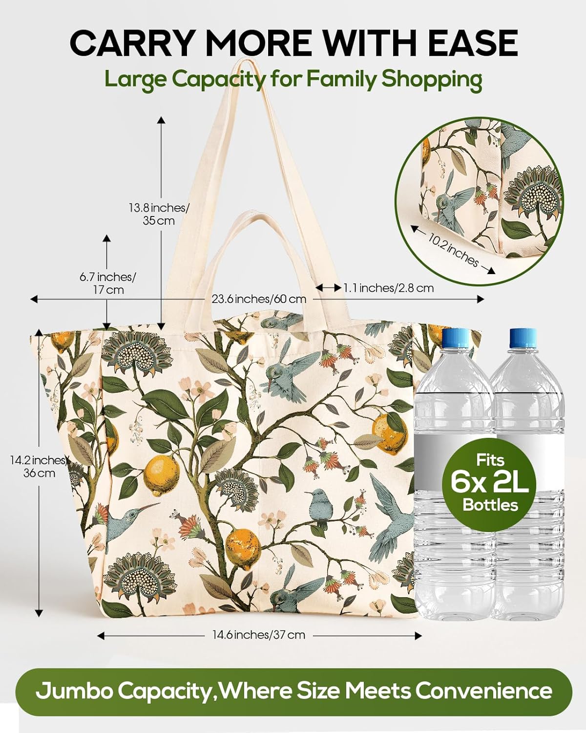 Extra Large Canvas Grocery Tote Bag | Inner Pockets, Double Handle Straps, Reusable Washable Foldable Shopping Shoulder Bag