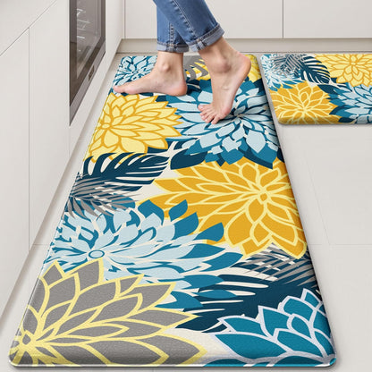 Kitchen Mats for Floor 2PCS Cushioned Anti Fatigue Kitchen Mats Waterproof Non Slip Kitchen Rug Set Comfort Foam Standing Mat for Sink, Laundry, Office,17.3" x 28" + 17.3" x 47", Yellow Teal