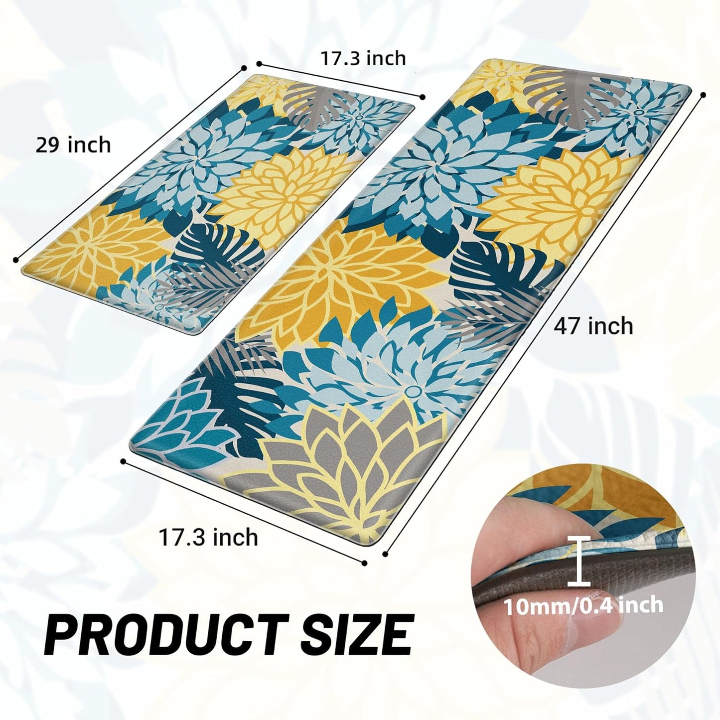 Kitchen Mats for Floor 2PCS Cushioned Anti Fatigue Kitchen Mats Waterproof Non Slip Kitchen Rug Set Comfort Foam Standing Mat for Sink, Laundry, Office,17.3" x 28" + 17.3" x 47", Yellow Teal