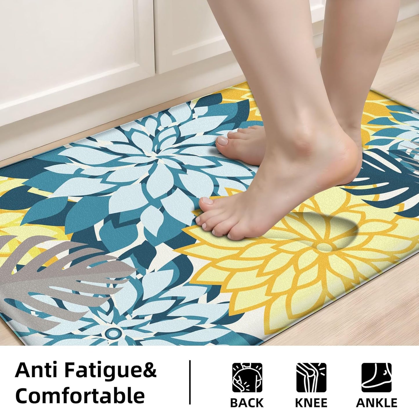Kitchen Mats for Floor 2PCS Cushioned Anti Fatigue Kitchen Mats Waterproof Non Slip Kitchen Rug Set Comfort Foam Standing Mat for Sink, Laundry, Office,17.3" x 28" + 17.3" x 47", Yellow Teal