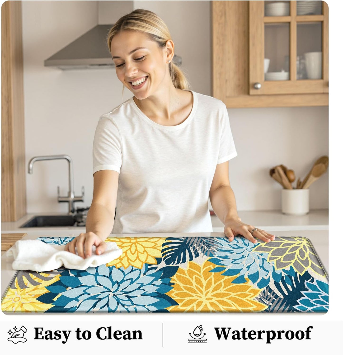 Kitchen Mats for Floor 2PCS Cushioned Anti Fatigue Kitchen Mats Waterproof Non Slip Kitchen Rug Set Comfort Foam Standing Mat for Sink, Laundry, Office,17.3" x 28" + 17.3" x 47", Yellow Teal