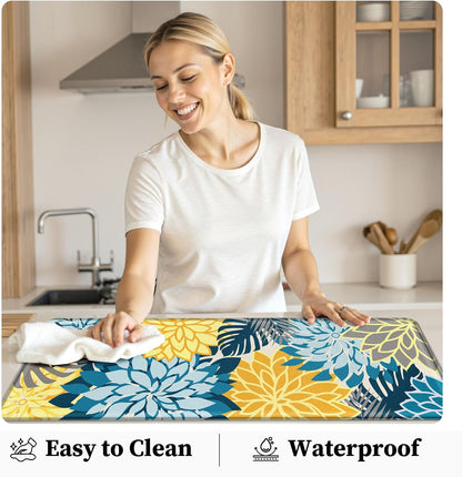 Kitchen Mats for Floor 2PCS Cushioned Anti Fatigue Kitchen Mats Waterproof Non Slip Kitchen Rug Set Comfort Foam Standing Mat for Sink, Laundry, Office,17.3" x 28" + 17.3" x 47", Yellow Teal