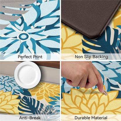 Kitchen Mats for Floor 2PCS Cushioned Anti Fatigue Kitchen Mats Waterproof Non Slip Kitchen Rug Set Comfort Foam Standing Mat for Sink, Laundry, Office,17.3" x 28" + 17.3" x 47", Yellow Teal