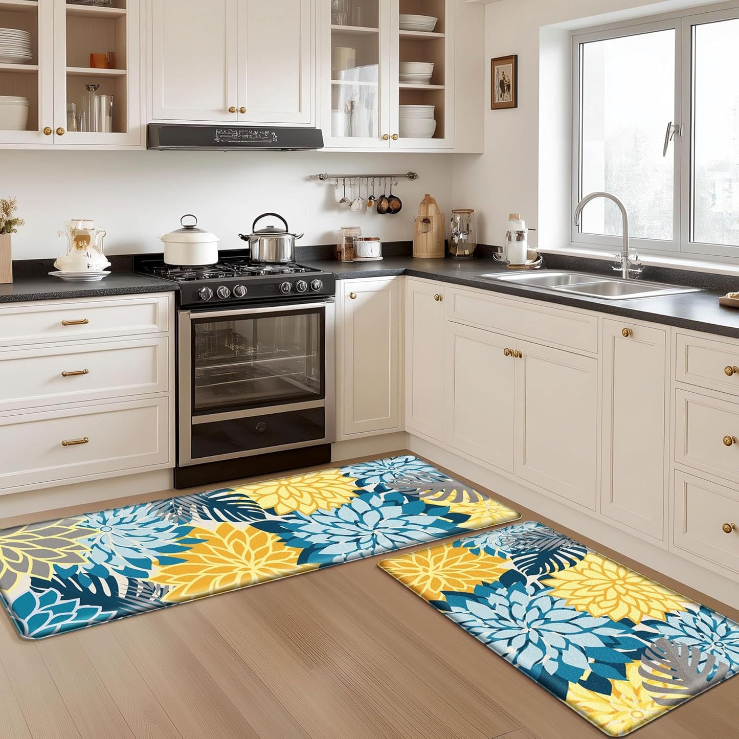 Kitchen Mats for Floor 2PCS Cushioned Anti Fatigue Kitchen Mats Waterproof Non Slip Kitchen Rug Set Comfort Foam Standing Mat for Sink, Laundry, Office,17.3" x 28" + 17.3" x 47", Yellow Teal