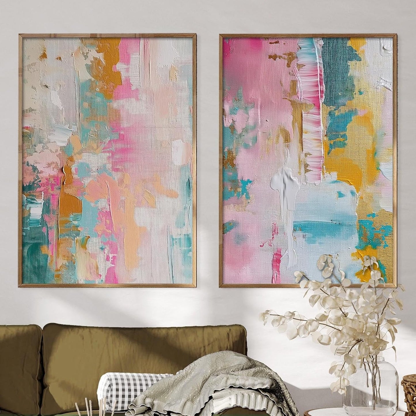 Colorful Abstract Wall Art - Pink, Teal, and Pastel Yellow Painting - Color Block Prints on Canvas - 16x24 Inch x2 Frameless