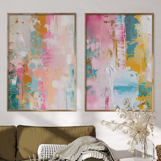 Colorful Abstract Wall Art - Pink, Teal, and Pastel Yellow Painting - Color Block Prints on Canvas - 16x24 Inch x2 Frameless