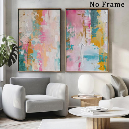 Colorful Abstract Wall Art - Pink, Teal, and Pastel Yellow Painting - Color Block Prints on Canvas - 16x24 Inch x2 Frameless