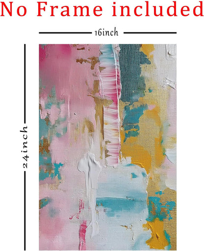 Colorful Abstract Wall Art - Pink, Teal, and Pastel Yellow Painting - Color Block Prints on Canvas - 16x24 Inch x2 Frameless
