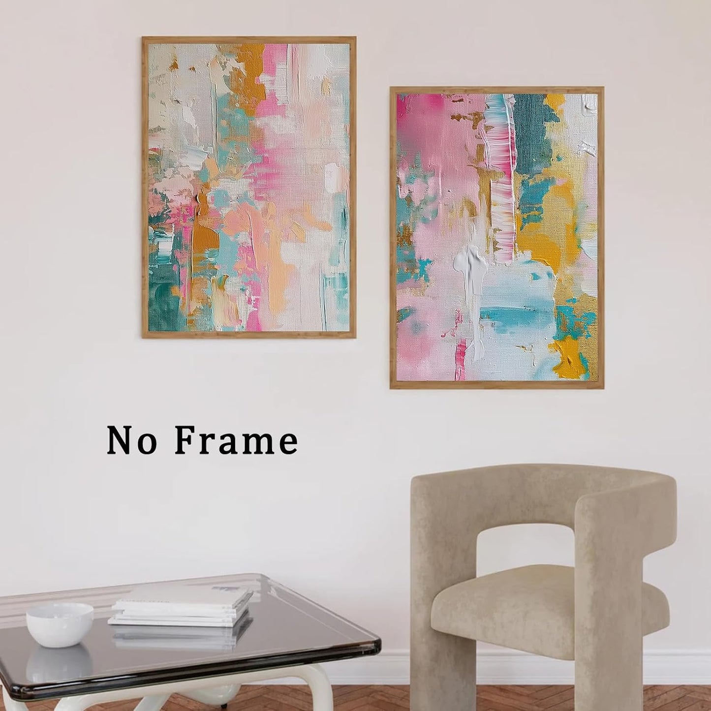 Colorful Abstract Wall Art - Pink, Teal, and Pastel Yellow Painting - Color Block Prints on Canvas - 16x24 Inch x2 Frameless