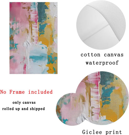 Colorful Abstract Wall Art - Pink, Teal, and Pastel Yellow Painting - Color Block Prints on Canvas - 16x24 Inch x2 Frameless