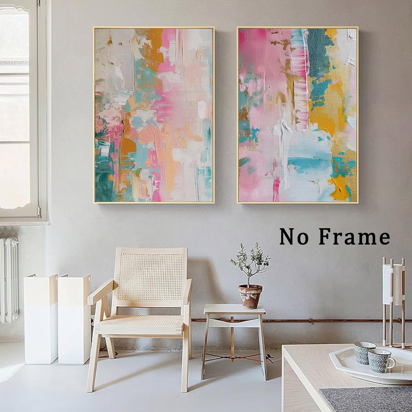Colorful Abstract Wall Art - Pink, Teal, and Pastel Yellow Painting - Color Block Prints on Canvas - 16x24 Inch x2 Frameless