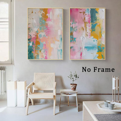 Colorful Abstract Wall Art - Pink, Teal, and Pastel Yellow Painting - Color Block Prints on Canvas - 16x24 Inch x2 Frameless