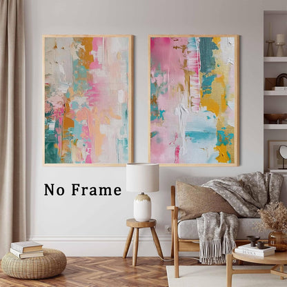 Colorful Abstract Wall Art - Pink, Teal, and Pastel Yellow Painting - Color Block Prints on Canvas - 16x24 Inch x2 Frameless