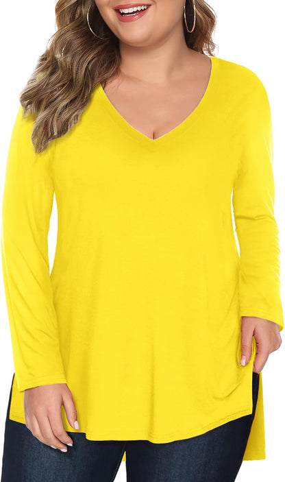 Women Plus Size Tops Long/Short Sleeve V Neck T Shirts Casual Loose Fit Basic Tee Tshirt