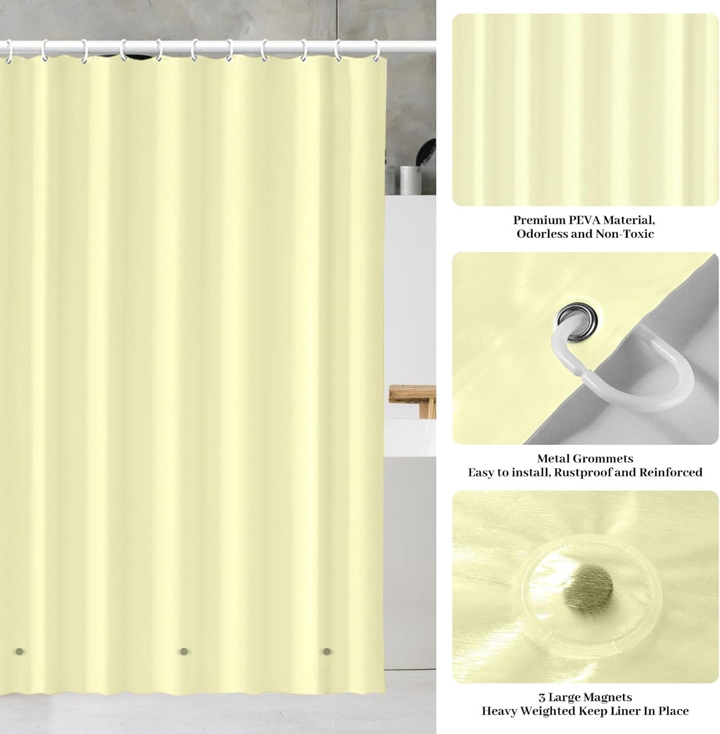 Plastic PEVA Shower Curtain Liner with 12 Rustproof Grommets and 3 Magnets, Waterproof Lightweight Bathroom Curtains (Yellow)
