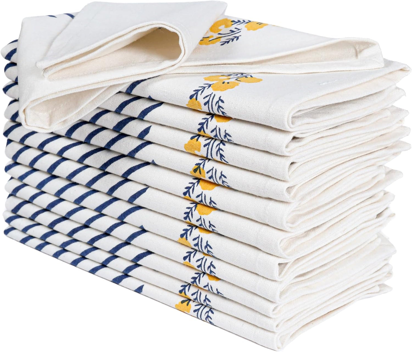 Cloth Napkins Set of 12 Yellow Blue, 18x18 Inches - Spring Decorative Floral Print Dinner Napkin for Easter Basket Décor Wedding, Soft Washable Cotton Printed Table Linen for Everyday Use