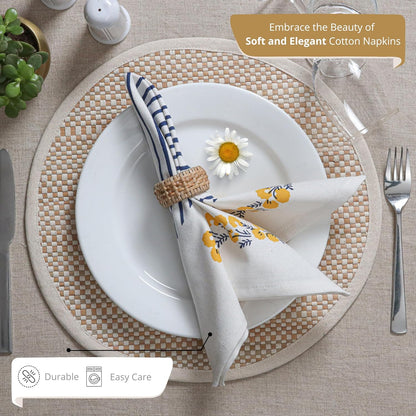 Cloth Napkins Set of 12 Yellow Blue, 18x18 Inches - Spring Decorative Floral Print Dinner Napkin for Easter Basket Décor Wedding, Soft Washable Cotton Printed Table Linen for Everyday Use