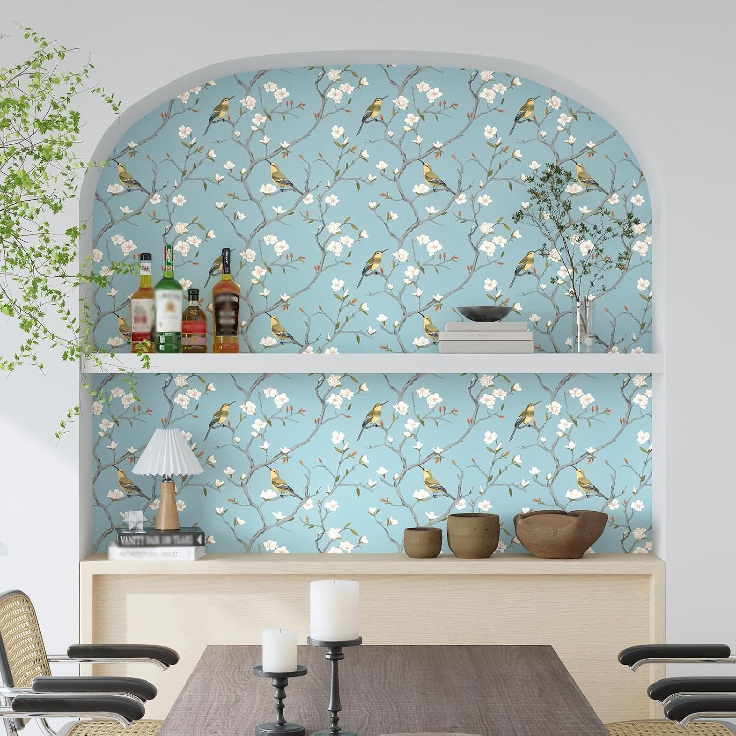 Birds on Lemons Tree Peel and Stick Wallpaper 17.4" x 118" | Renter Friendly, Removable & Waterproof, Vinyl Easy Install for Bedrooms, Bathrooms, Kitchens, Cabinets and Home Decor