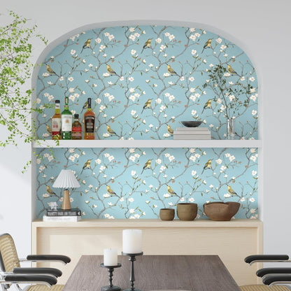 Birds on Lemons Tree Peel and Stick Wallpaper 17.4" x 118" | Renter Friendly, Removable & Waterproof, Vinyl Easy Install for Bedrooms, Bathrooms, Kitchens, Cabinets and Home Decor