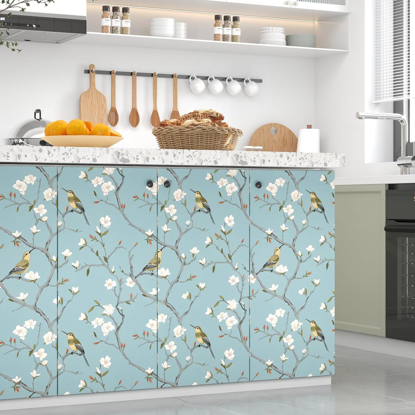 Birds on Lemons Tree Peel and Stick Wallpaper 17.4" x 118" | Renter Friendly, Removable & Waterproof, Vinyl Easy Install for Bedrooms, Bathrooms, Kitchens, Cabinets and Home Decor