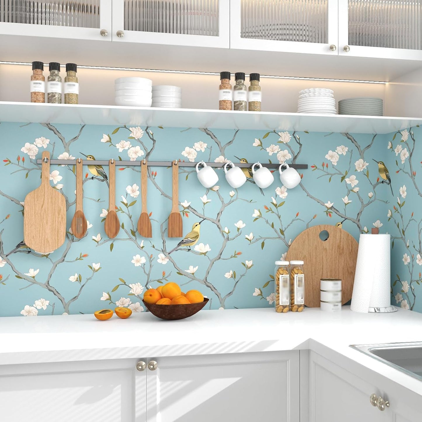 Birds on Lemons Tree Peel and Stick Wallpaper 17.4" x 118" | Renter Friendly, Removable & Waterproof, Vinyl Easy Install for Bedrooms, Bathrooms, Kitchens, Cabinets and Home Decor