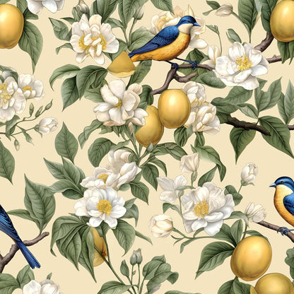 Birds on Lemons Tree Peel and Stick Wallpaper 17.4" x 118" | Renter Friendly, Removable & Waterproof, Vinyl Easy Install for Bedrooms, Bathrooms, Kitchens, Cabinets and Home Decor