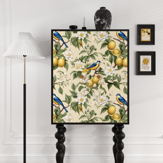 Birds on Lemons Tree Peel and Stick Wallpaper 17.4" x 118" | Renter Friendly, Removable & Waterproof, Vinyl Easy Install for Bedrooms, Bathrooms, Kitchens, Cabinets and Home Decor