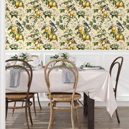 Birds on Lemons Tree Peel and Stick Wallpaper 17.4" x 118" | Renter Friendly, Removable & Waterproof, Vinyl Easy Install for Bedrooms, Bathrooms, Kitchens, Cabinets and Home Decor