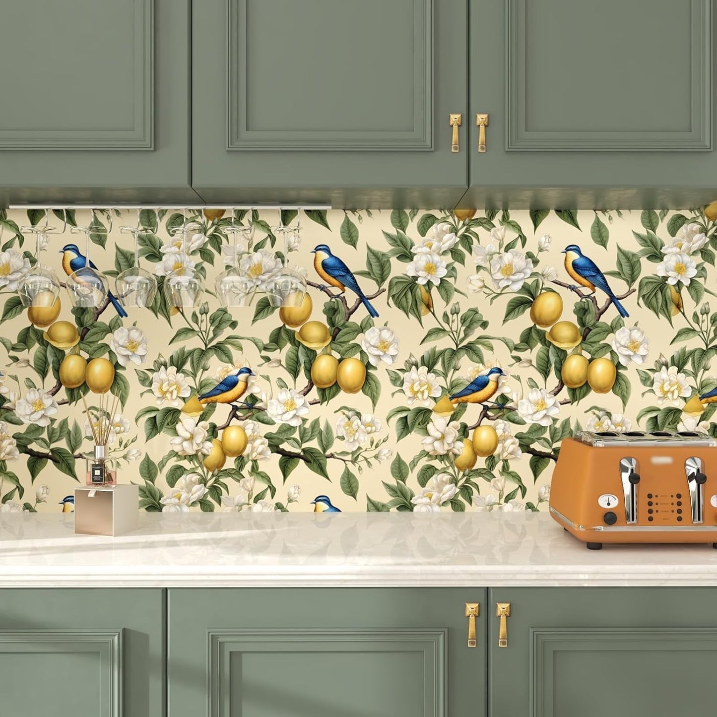 Birds on Lemons Tree Peel and Stick Wallpaper 17.4" x 118" | Renter Friendly, Removable & Waterproof, Vinyl Easy Install for Bedrooms, Bathrooms, Kitchens, Cabinets and Home Decor