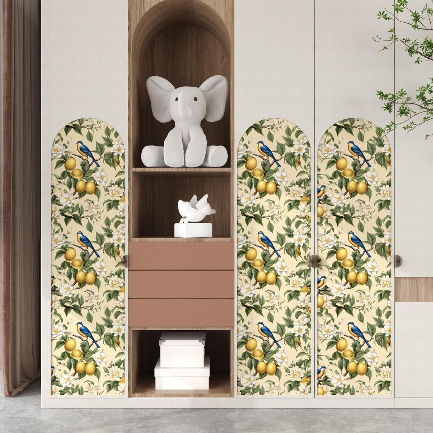 Birds on Lemons Tree Peel and Stick Wallpaper 17.4" x 118" | Renter Friendly, Removable & Waterproof, Vinyl Easy Install for Bedrooms, Bathrooms, Kitchens, Cabinets and Home Decor