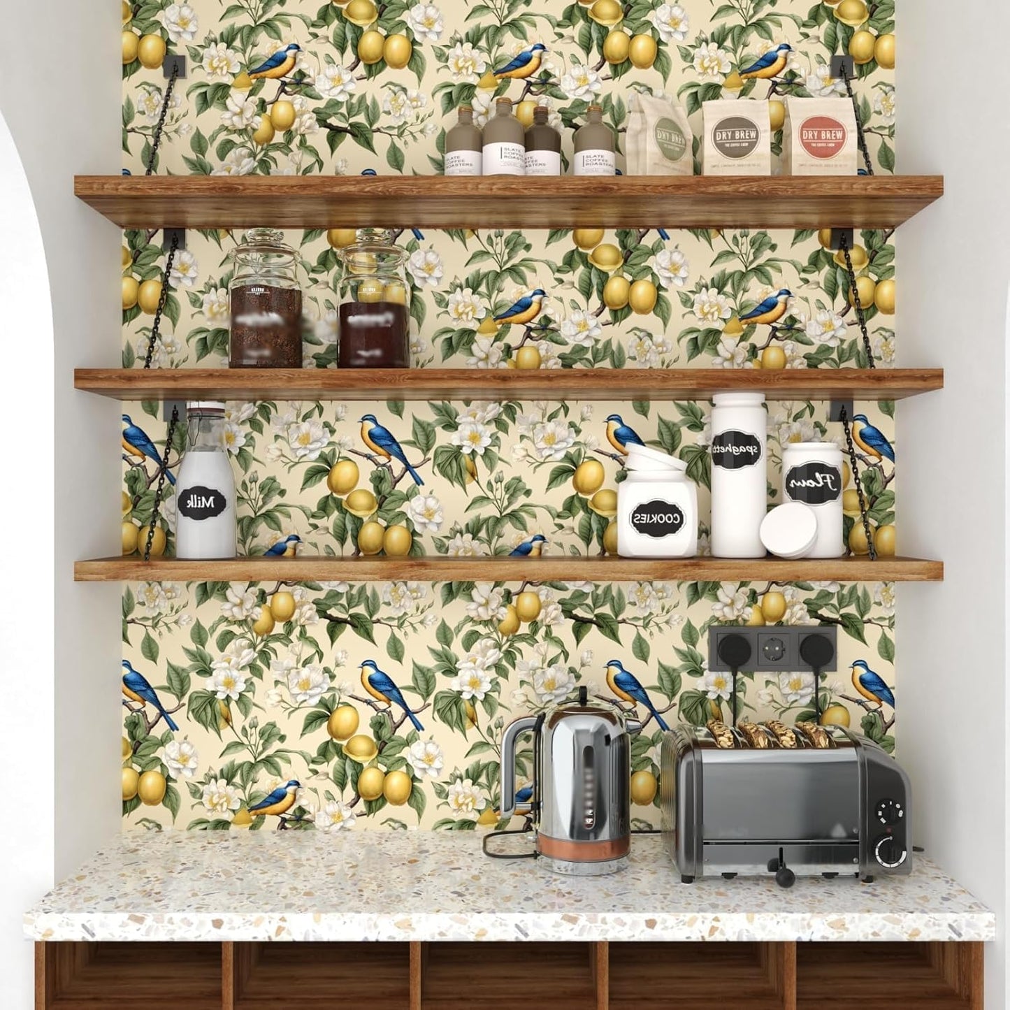 Birds on Lemons Tree Peel and Stick Wallpaper 17.4" x 118" | Renter Friendly, Removable & Waterproof, Vinyl Easy Install for Bedrooms, Bathrooms, Kitchens, Cabinets and Home Decor