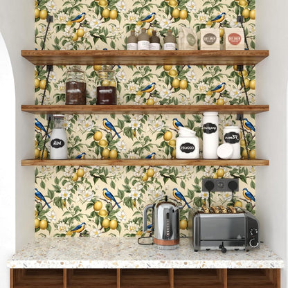 Birds on Lemons Tree Peel and Stick Wallpaper 17.4" x 118" | Renter Friendly, Removable & Waterproof, Vinyl Easy Install for Bedrooms, Bathrooms, Kitchens, Cabinets and Home Decor