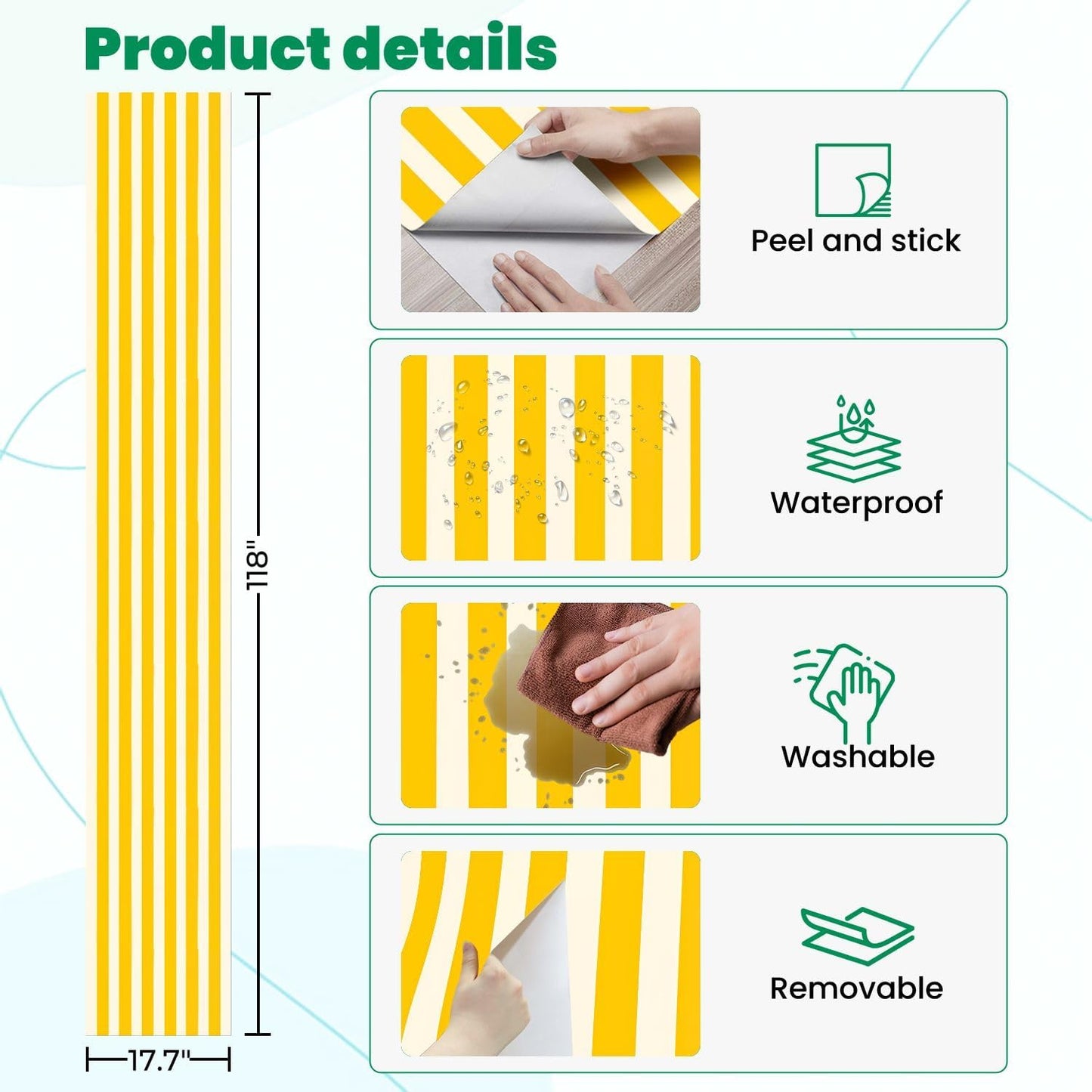 Peel and Stick Wallpaper Yellow White Striped Vertical Stripes Wall Mural 17.7"x118" Self Adhesive Removable Contact Paper Renter Friendly Wallpaper for Kitchen Bedroom
