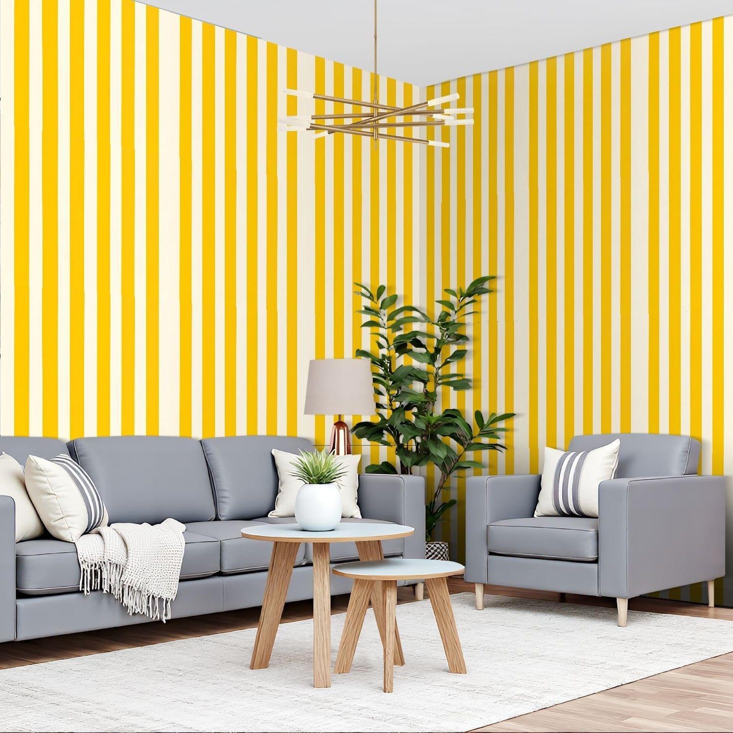 Peel and Stick Wallpaper Yellow White Striped Vertical Stripes Wall Mural 17.7"x118" Self Adhesive Removable Contact Paper Renter Friendly Wallpaper for Kitchen Bedroom
