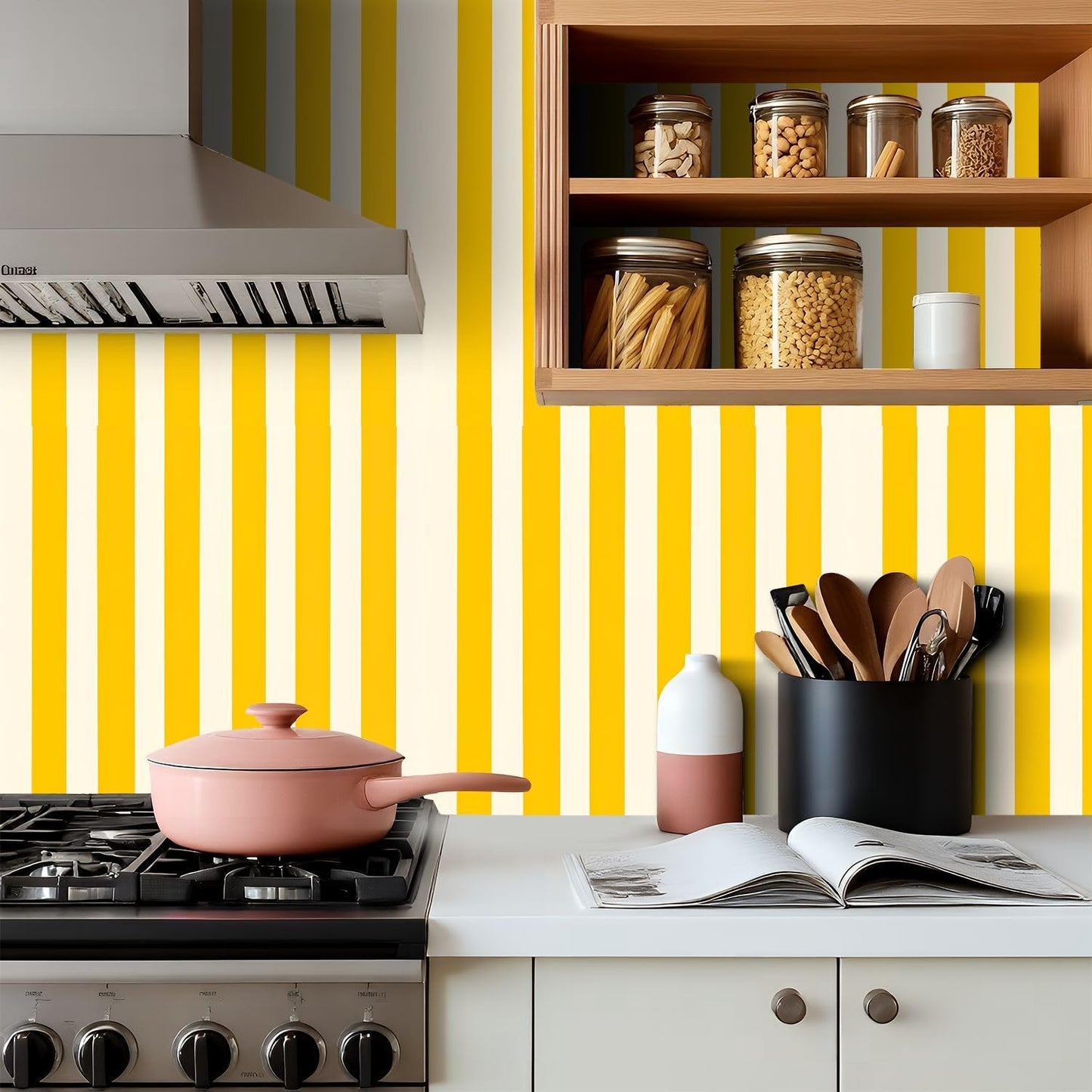 Peel and Stick Wallpaper Yellow White Striped Vertical Stripes Wall Mural 17.7"x118" Self Adhesive Removable Contact Paper Renter Friendly Wallpaper for Kitchen Bedroom