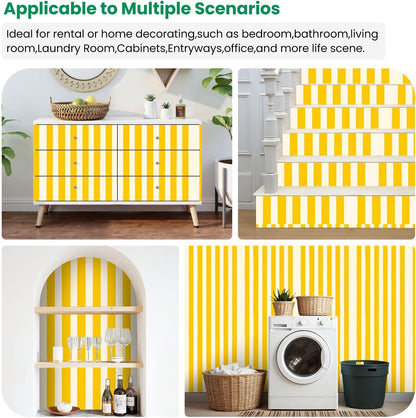 Peel and Stick Wallpaper Yellow White Striped Vertical Stripes Wall Mural 17.7"x118" Self Adhesive Removable Contact Paper Renter Friendly Wallpaper for Kitchen Bedroom