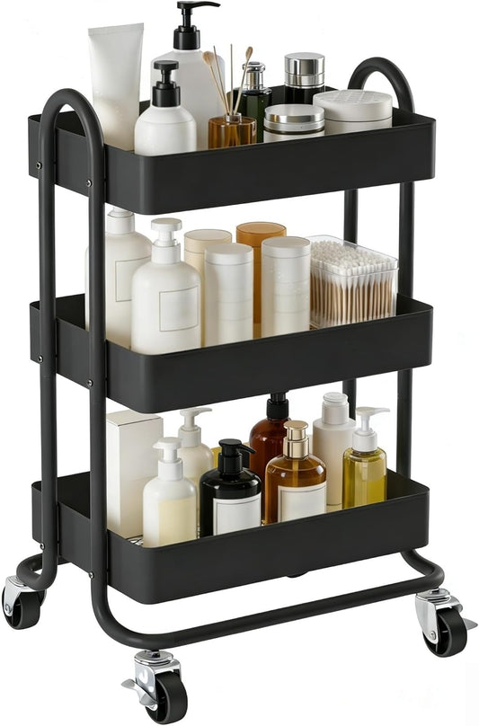 3 Tier Metal Rolling Cart, Utility Storage Cart Shelf Organizer with Wheels for Home & Office, Light Yellow