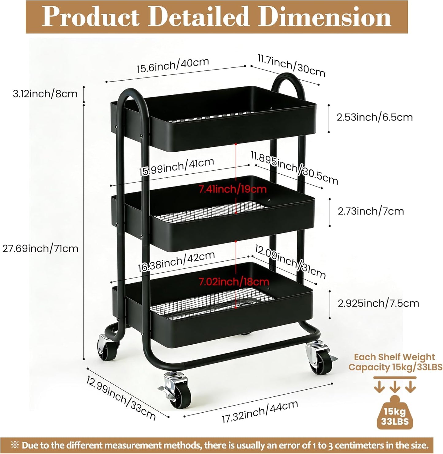 3 Tier Metal Rolling Cart, Utility Storage Cart Shelf Organizer with Wheels for Home & Office, Light Yellow