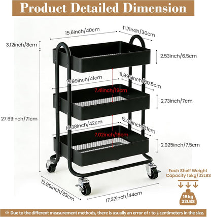 3 Tier Metal Rolling Cart, Utility Storage Cart Shelf Organizer with Wheels for Home & Office, Light Yellow