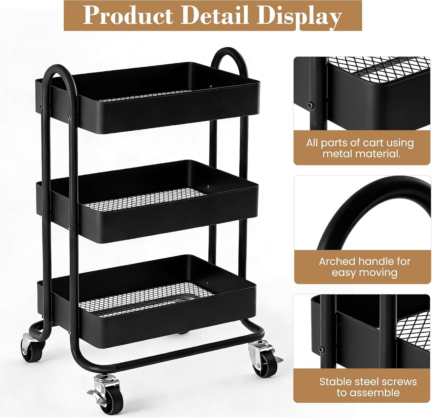 3 Tier Metal Rolling Cart, Utility Storage Cart Shelf Organizer with Wheels for Home & Office, Light Yellow
