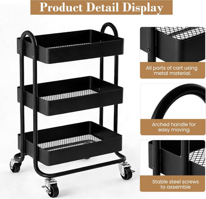 3 Tier Metal Rolling Cart, Utility Storage Cart Shelf Organizer with Wheels for Home & Office, Light Yellow