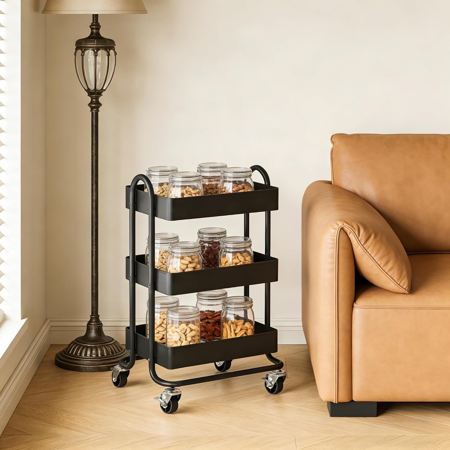 3 Tier Metal Rolling Cart, Utility Storage Cart Shelf Organizer with Wheels for Home & Office, Light Yellow