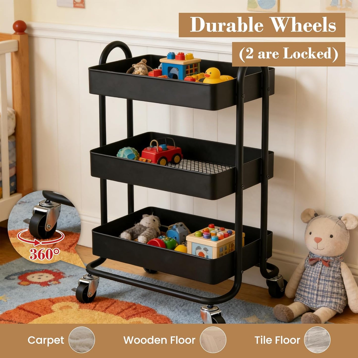 3 Tier Metal Rolling Cart, Utility Storage Cart Shelf Organizer with Wheels for Home & Office, Light Yellow